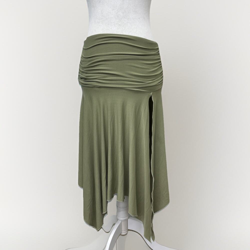 Pretty Little Thing Sage Green Soft Touch Ruched Asymmetric Midi Skirt US 2